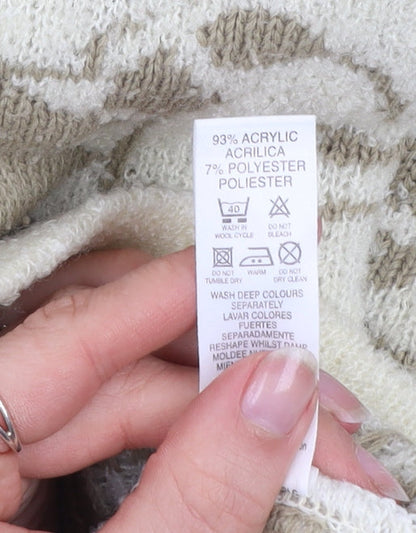 BHS Women's Beige Geometric Knit Cardigan Size 14/16 V-Neck Long Sleeve