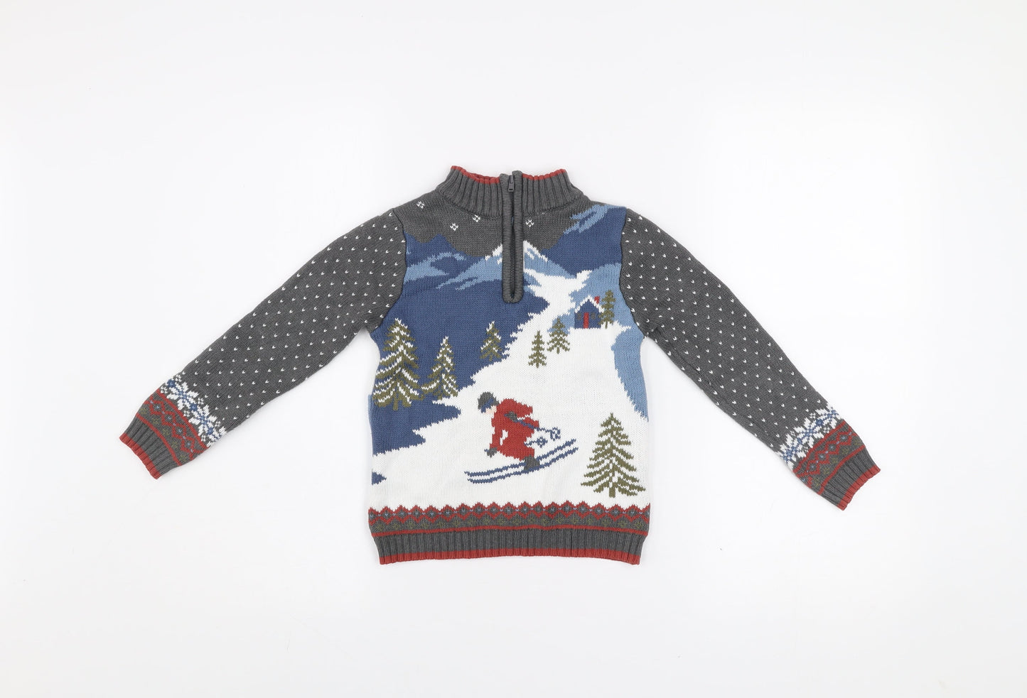 E of M Boys Grey Ski Scene 1/4 Zip Jumper 2 Years Cotton Acrylic Winter Knit