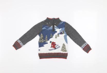 E of M Boys Grey Ski Scene 1/4 Zip Jumper 2 Years Cotton Acrylic Winter Knit