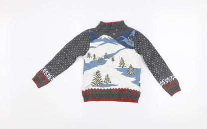 E of M Boys Grey Ski Scene 1/4 Zip Jumper 2 Years Cotton Acrylic Winter Knit