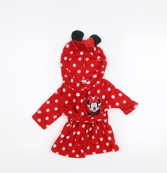 Disney Baby Red Polka Dot Minnie Mouse Hooded Robe 0-3 Months Fleece