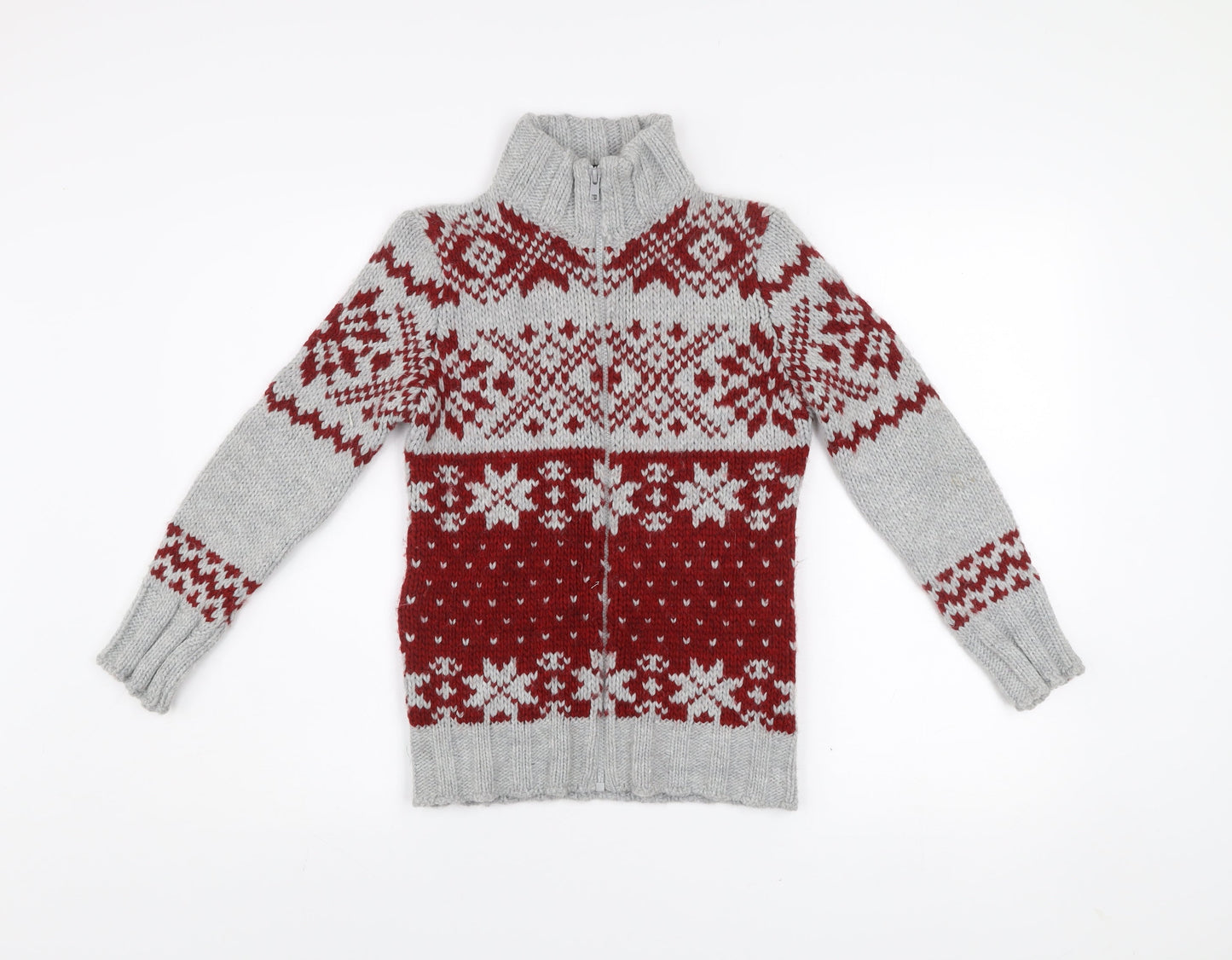 Benetton Boys Grey Red Fair Isle Full Zip Wool Winter Jumper 8-9 Years