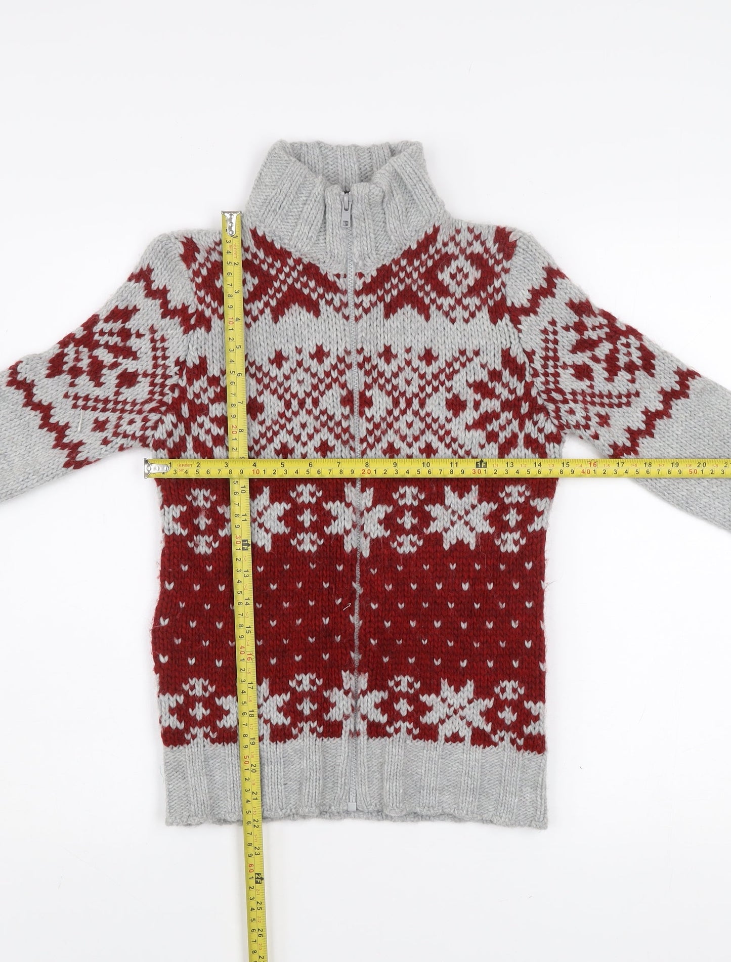 Benetton Boys Grey Red Fair Isle Full Zip Wool Winter Jumper 8-9 Years