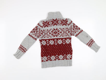 Benetton Boys Grey Red Fair Isle Full Zip Wool Winter Jumper 8-9 Years