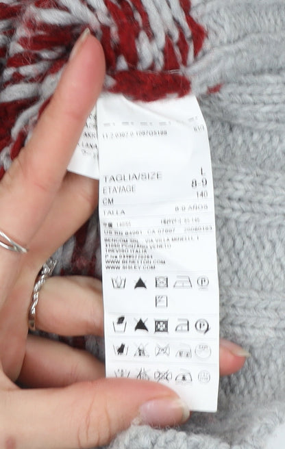 Benetton Boys Grey Red Fair Isle Full Zip Wool Winter Jumper 8-9 Years