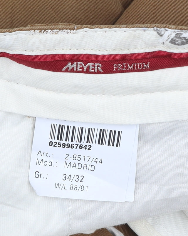 Meyer Men Brown Chino Trousers Size 34/32 Regular Fit Stretch Cotton