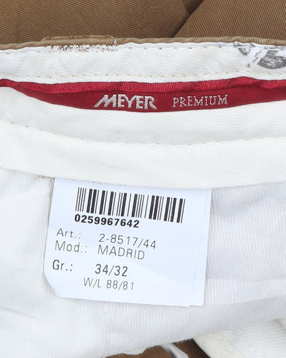 Meyer Men Brown Chino Trousers Size 34/32 Regular Fit Stretch Cotton