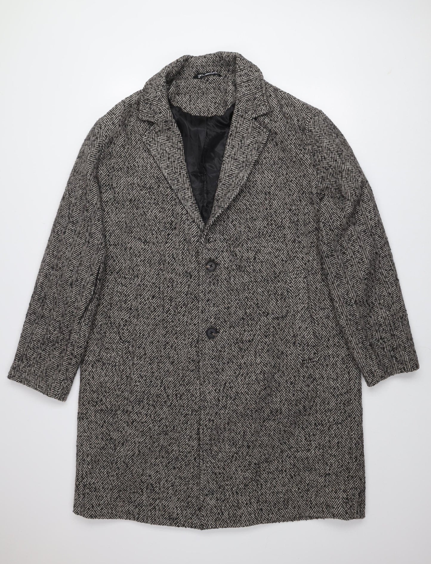 Zara Men's Grey Herringbone Wool Blend XL Long Overcoat