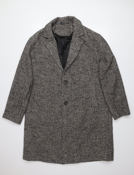 Zara Men's Grey Herringbone Wool Blend XL Long Overcoat