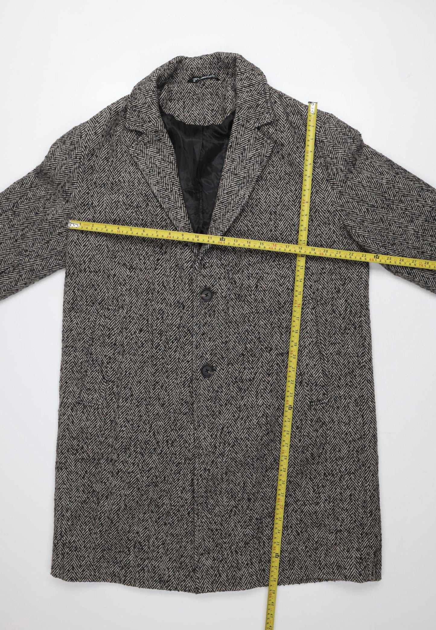 Zara Men's Grey Herringbone Wool Blend XL Long Overcoat