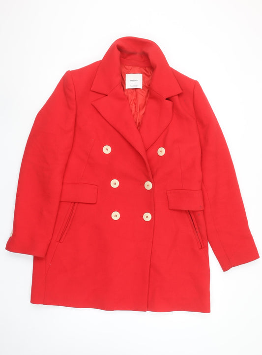Mango Women Red Pea Coat Size 14 Lined Classic Mid-Length Button