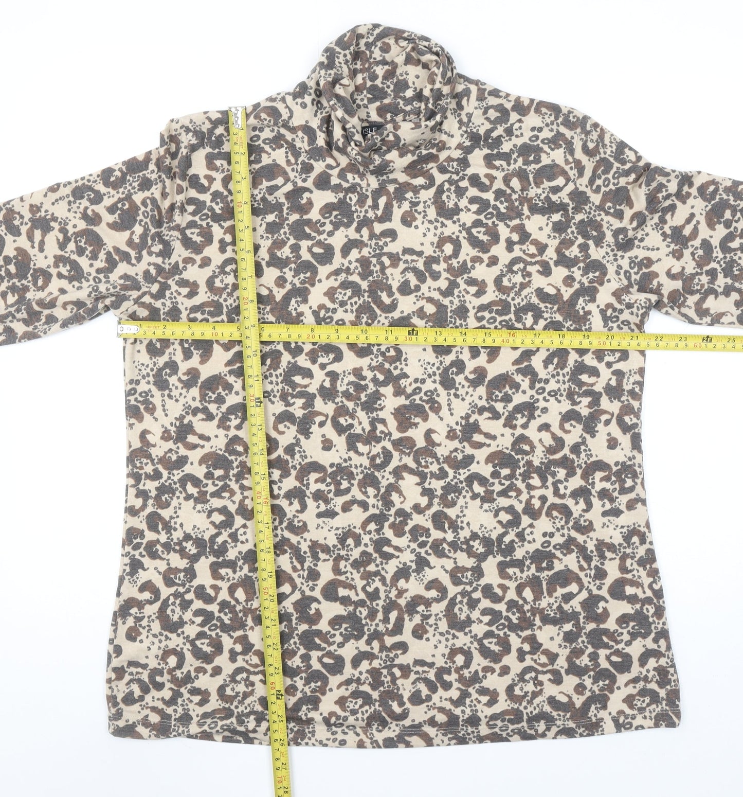 Isle Collection Women's Beige Leopard Print Roll Neck Long Sleeve Top L 18-20