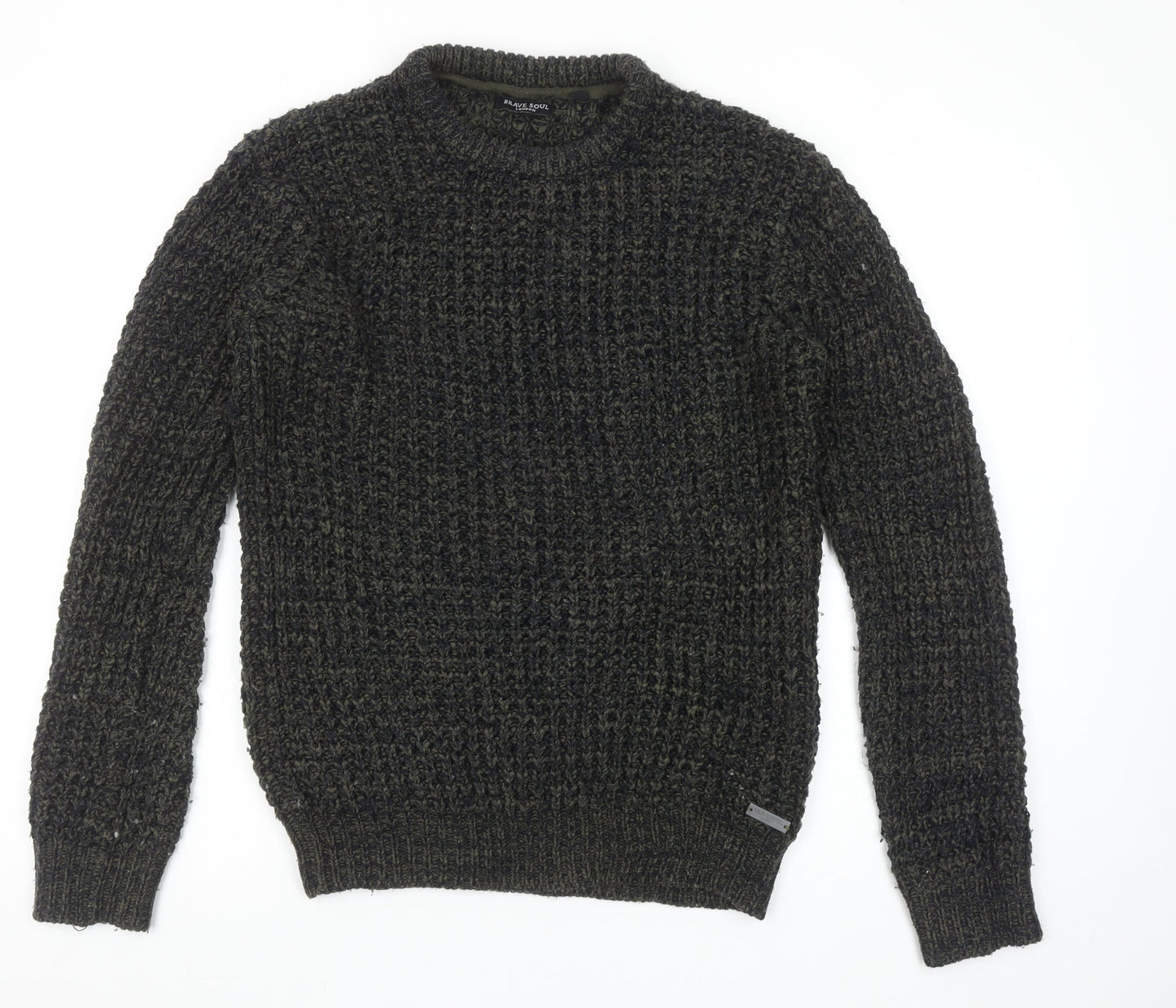 Brave Soul Men's Green Chunky Knit Crew Neck Jumper Size M