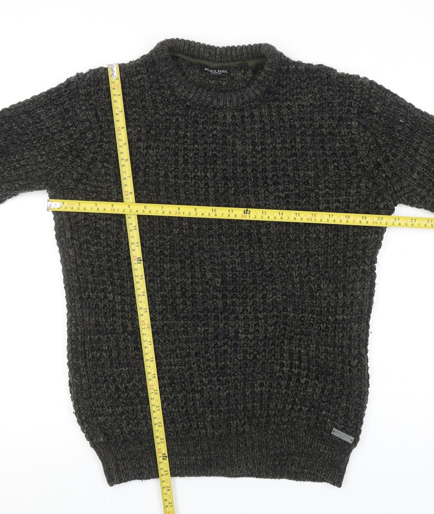 Brave Soul Men's Green Chunky Knit Crew Neck Jumper Size M