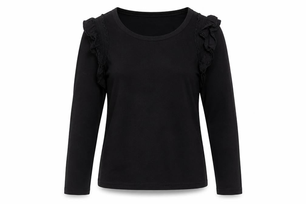 River Island Womens Black Ruffle Shoulder Long Sleeve Top UK 14