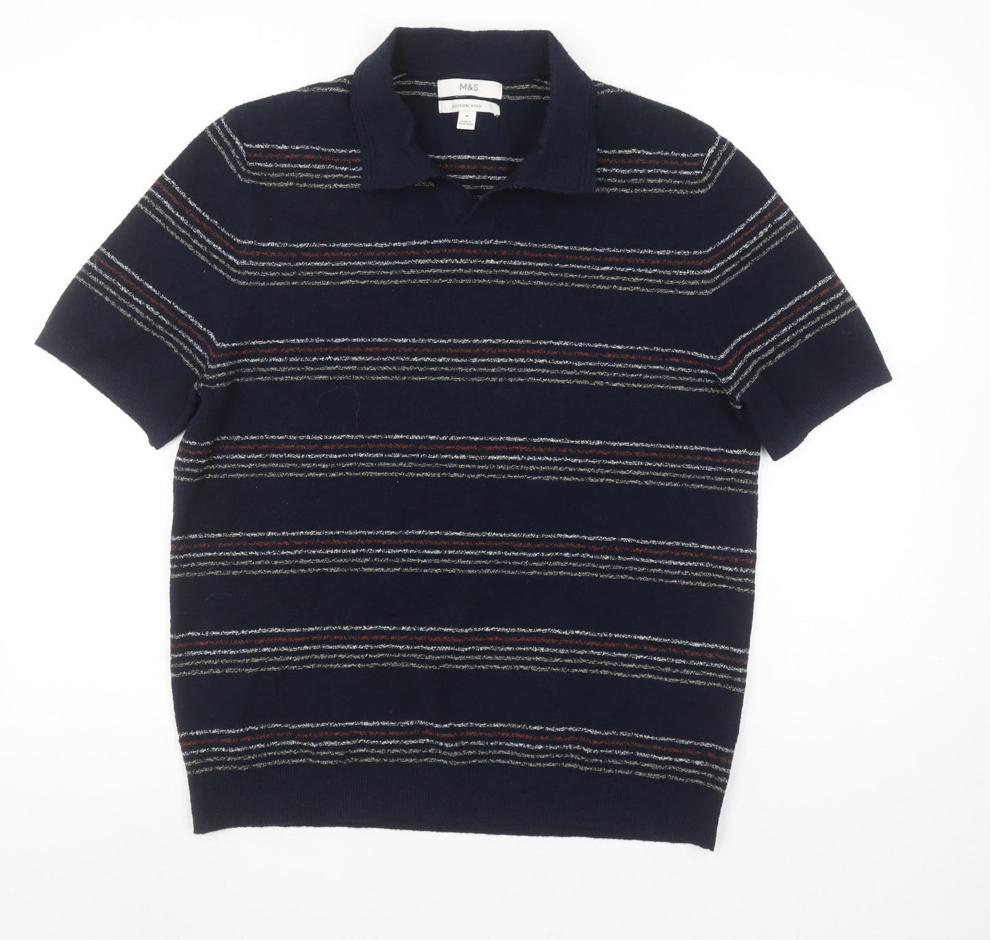 Marks and Spencer Mens Blue Striped Cotton Polo Shirt Size M