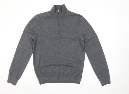 Spoke Men’s Grey Merino Wool Half Zip Jumper Size M Slim Fit