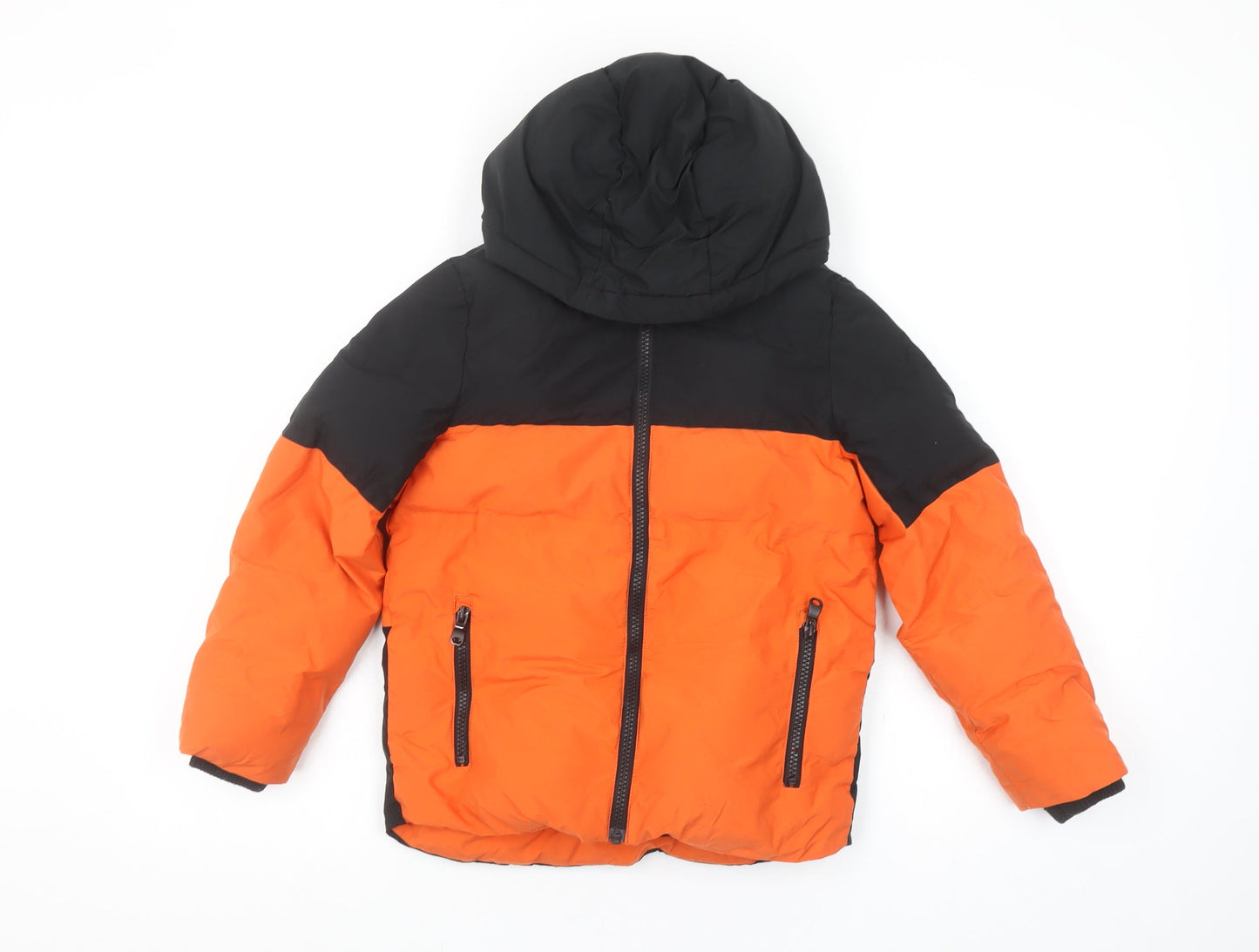 Next Boys Orange & Black Puffer Jacket Hooded 6 Years Full Zip Winter Coat