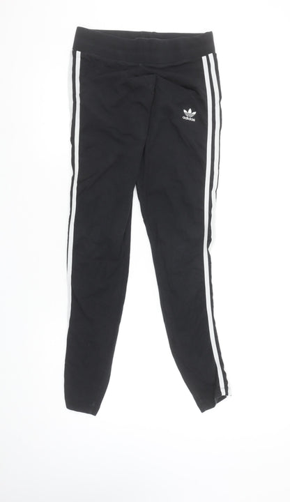 Adidas Women Black Cotton Blend Leggings UK 12 Side Stripe Sports Trousers