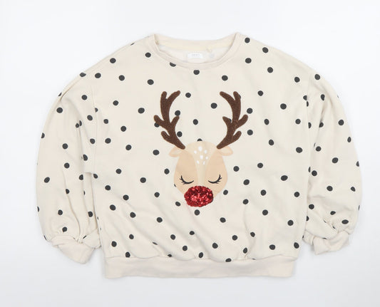 Next Girls Beige Polka Dot Reindeer Christmas Sweatshirt 11 Years