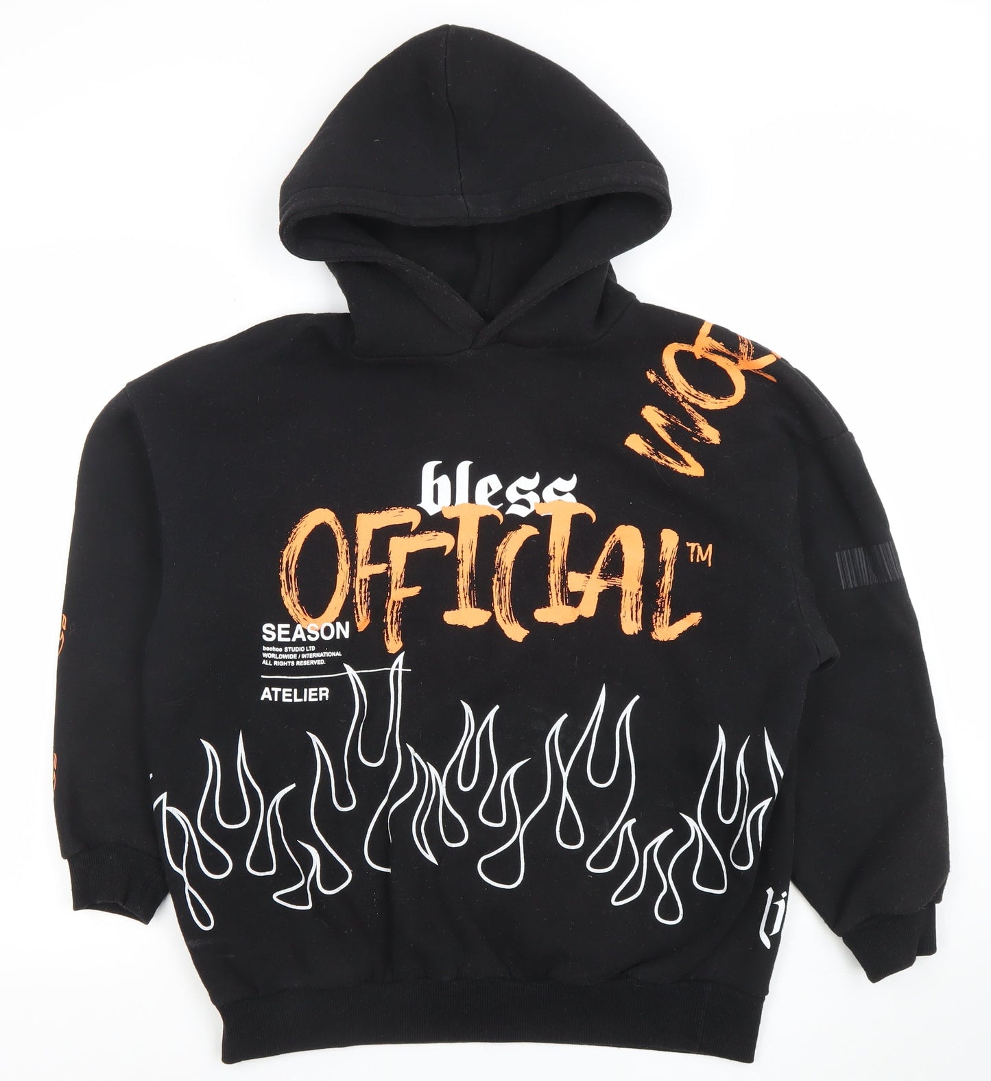 Boohoo Women's Black Graphic Flame Print Pullover Hoodie M