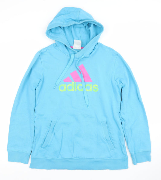 Adidas Women Blue Pullover Hoodie Size 14 Cotton Blend Logo Print
