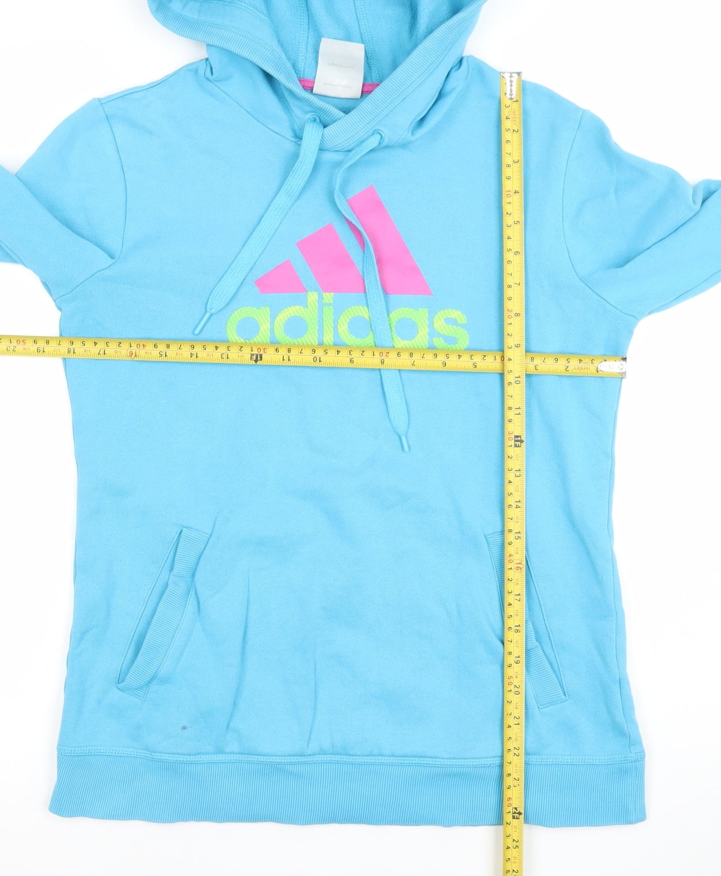 Adidas Women Blue Pullover Hoodie Size 14 Cotton Blend Logo Print