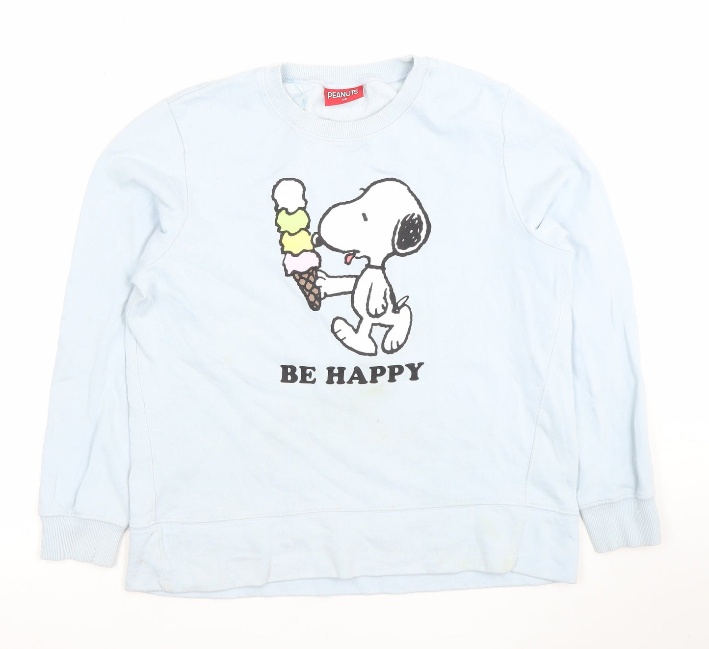 Tu Peanuts Women's Blue Snoopy 'Be Happy' Pullover Sweatshirt Size 14