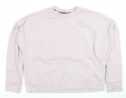 Nike Women Beige Dri-FIT Running Sweatshirt L Crew Neck Long Sleeve
