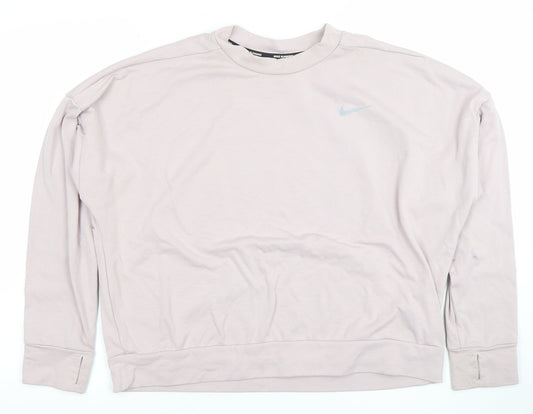 Nike Women Beige Dri-FIT Running Sweatshirt L Crew Neck Long Sleeve
