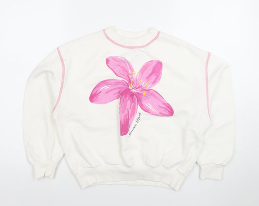 ZARA Girls White Floral Pullover Sweatshirt 11-12 Years Cotton Fleece