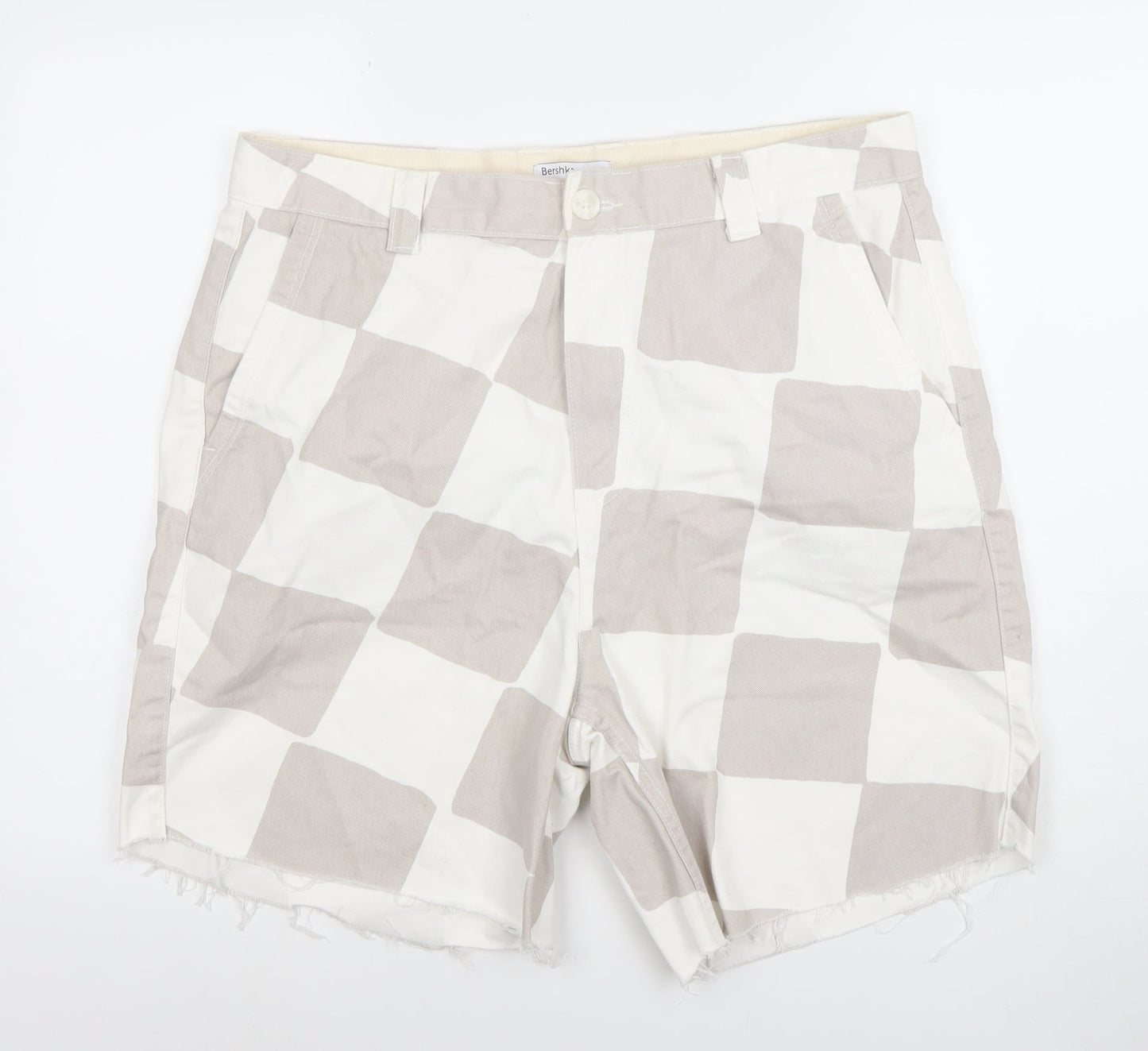 Bershka Men Beige Check Chino Shorts Size L 34in Casual Cotton