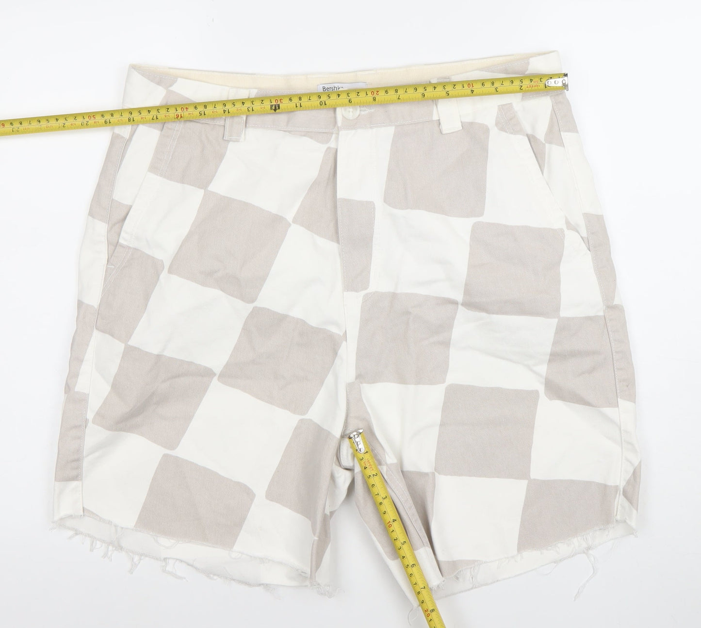 Bershka Men Beige Check Chino Shorts Size L 34in Casual Cotton