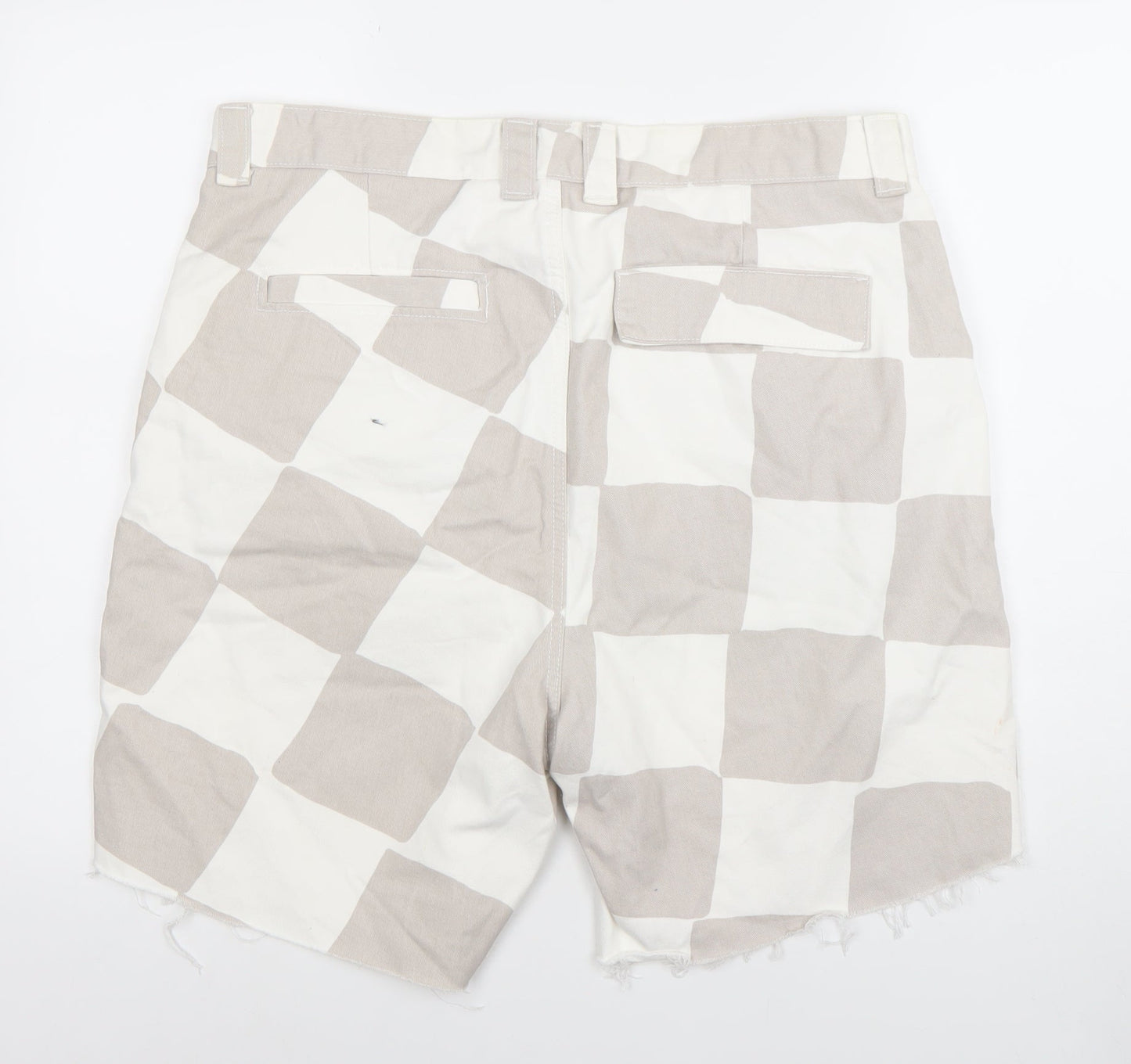 Bershka Men Beige Check Chino Shorts Size L 34in Casual Cotton