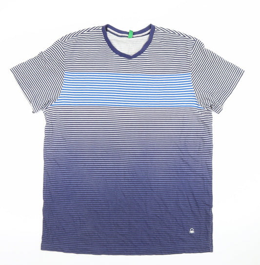United Colors of Benetton Mens Blue Striped Crew Neck Cotton T-Shirt M