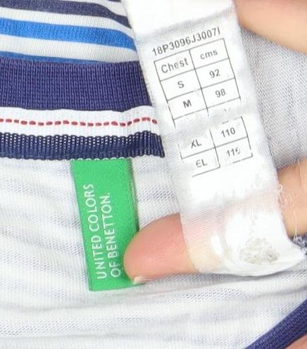 United Colors of Benetton Mens Blue Striped Crew Neck Cotton T-Shirt M