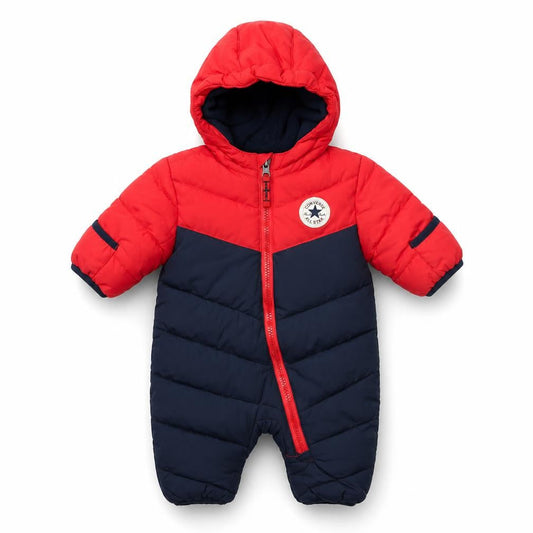 Front view of Converse unisex baby red & navy puffer snowsuit 0-3 months hooded winter suit