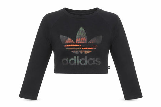 Front view of Adidas Women’s Black Cropped Long Sleeve Logo T-Shirt, size UK 10