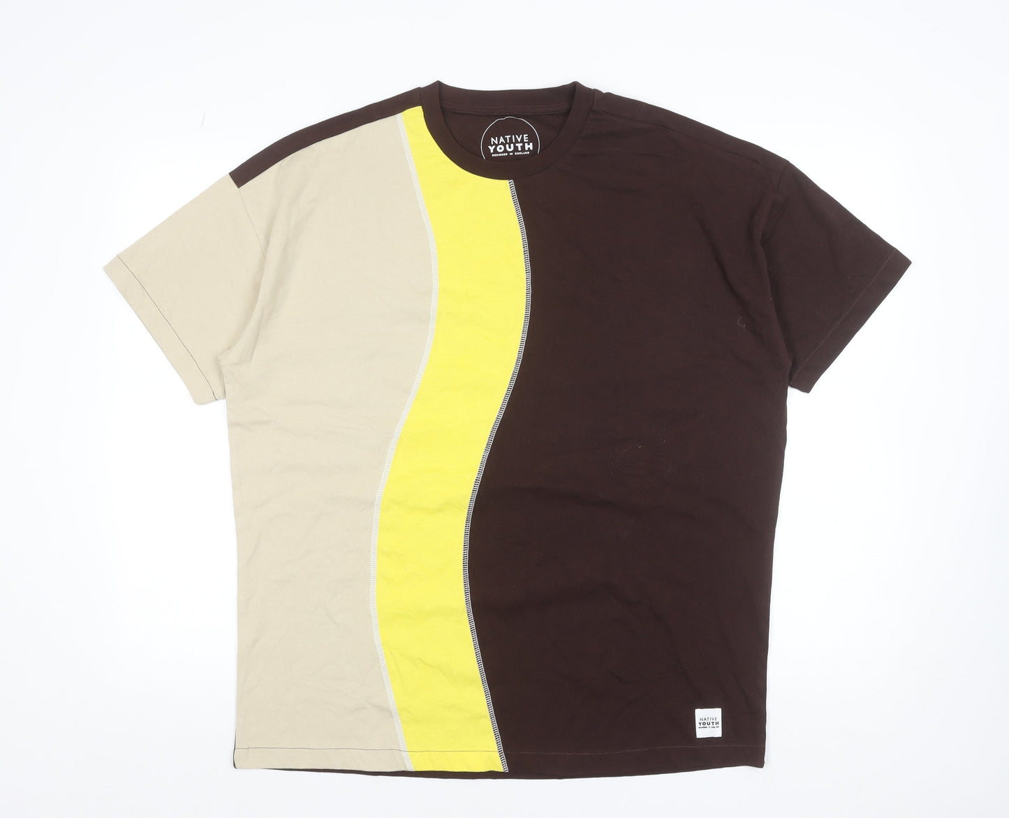 Native Youth Men’s Brown Beige Yellow Colourblock Crew Neck Cotton T-Shirt M