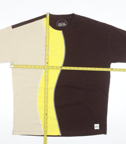 Native Youth Men’s Brown Beige Yellow Colourblock Crew Neck Cotton T-Shirt M