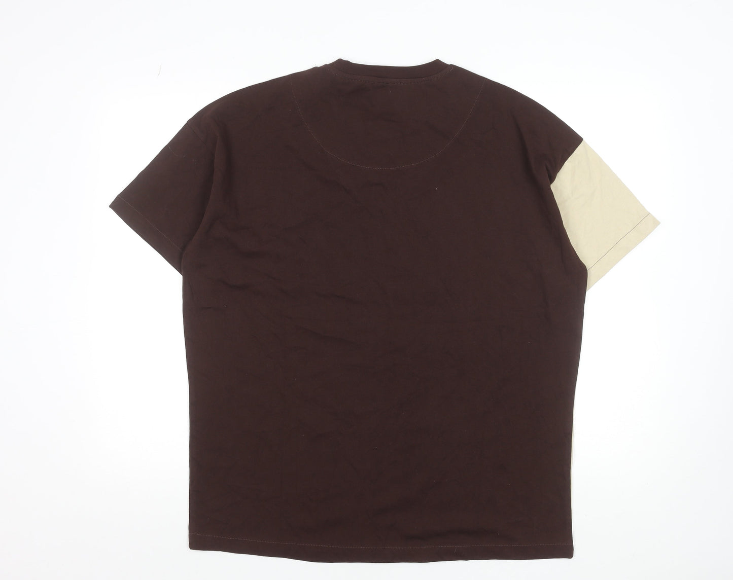 Native Youth Men’s Brown Beige Yellow Colourblock Crew Neck Cotton T-Shirt M