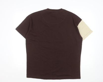 Native Youth Men’s Brown Beige Yellow Colourblock Crew Neck Cotton T-Shirt M
