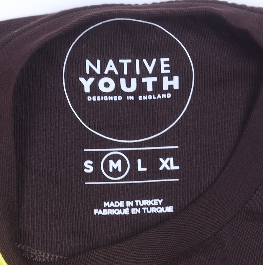 Native Youth Men’s Brown Beige Yellow Colourblock Crew Neck Cotton T-Shirt M