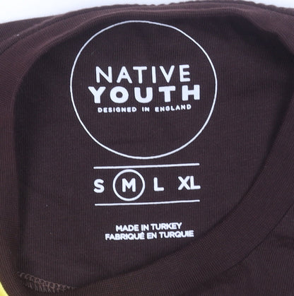 Native Youth Men’s Brown Beige Yellow Colourblock Crew Neck Cotton T-Shirt M
