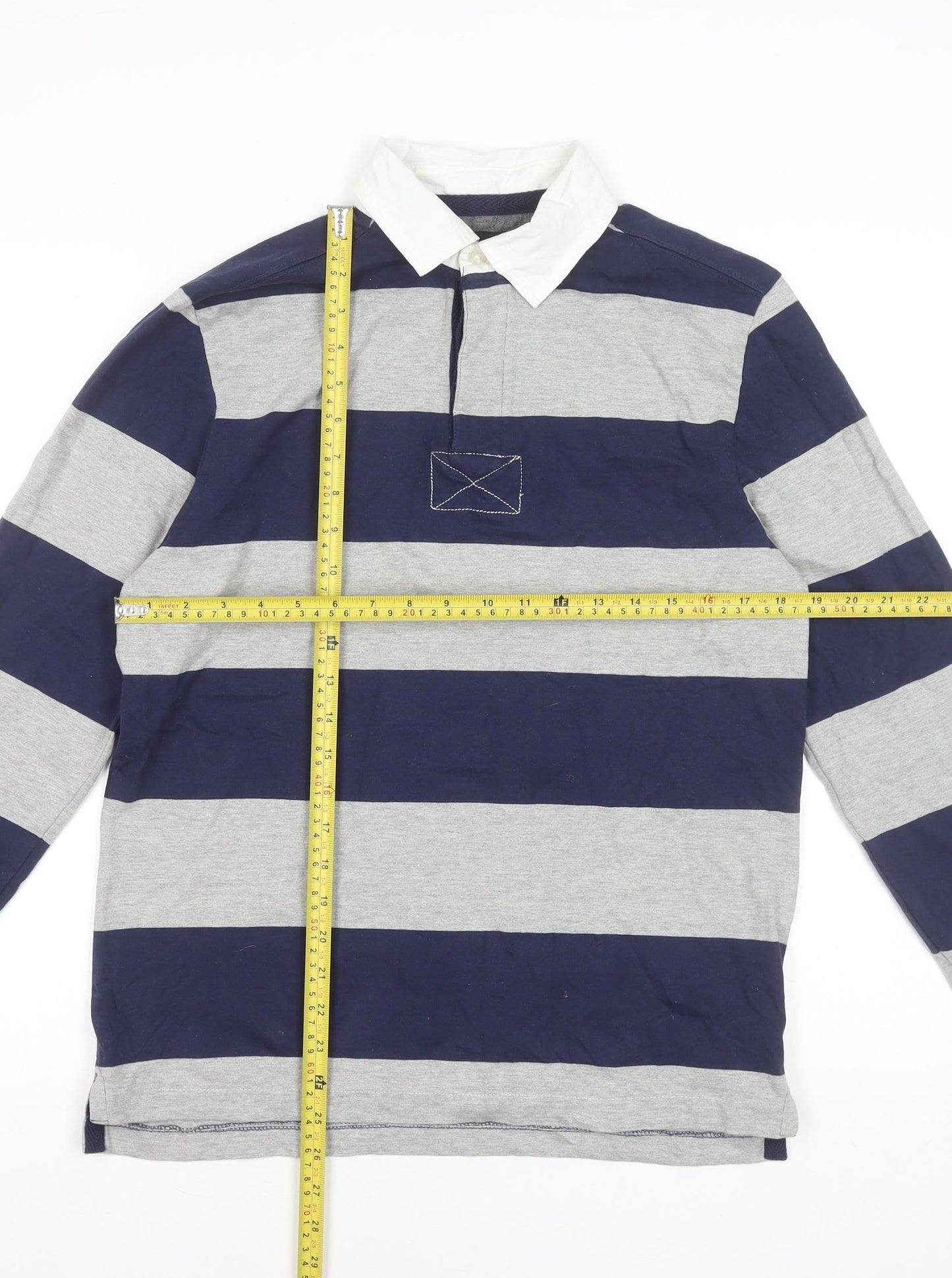 Haworth Men's Grey & Navy Striped Long Sleeve Rugby Polo Shirt M