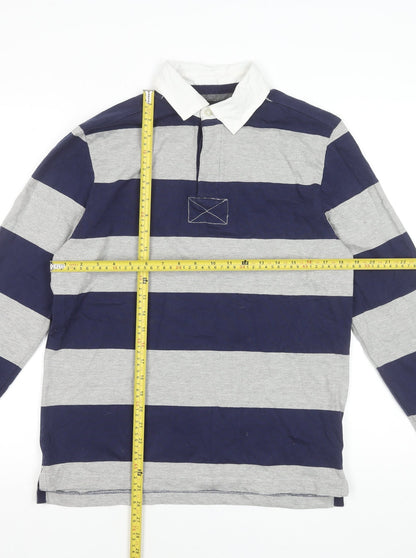 Haworth Men's Grey & Navy Striped Long Sleeve Rugby Polo Shirt M