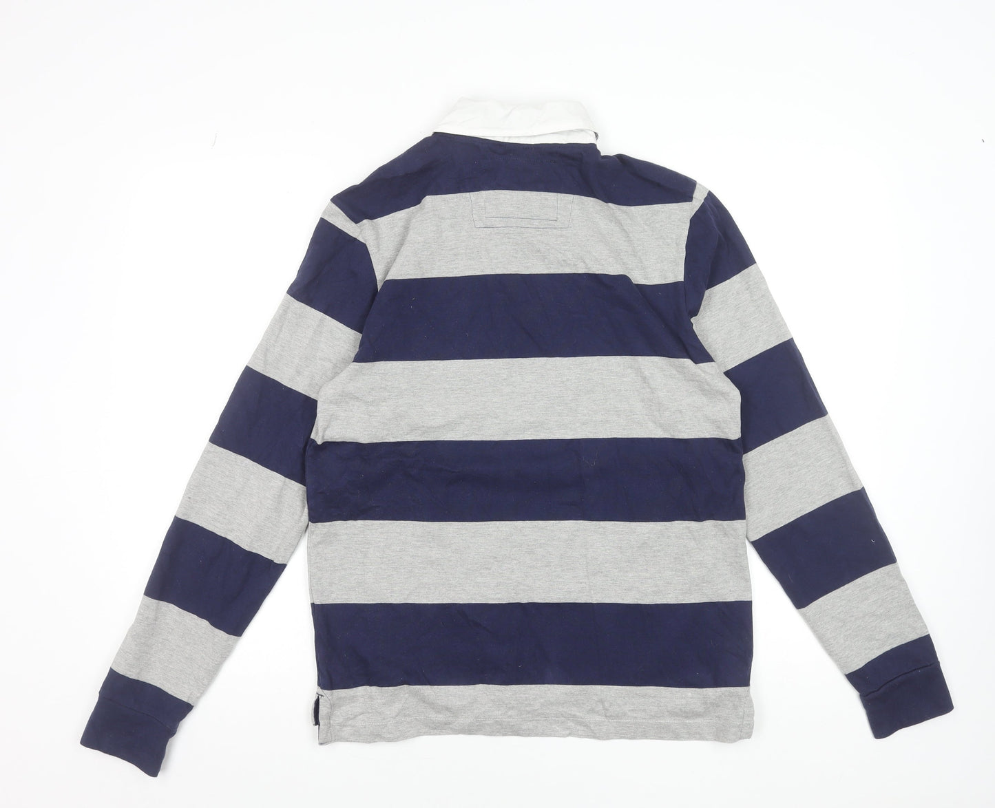 Haworth Men's Grey & Navy Striped Long Sleeve Rugby Polo Shirt M