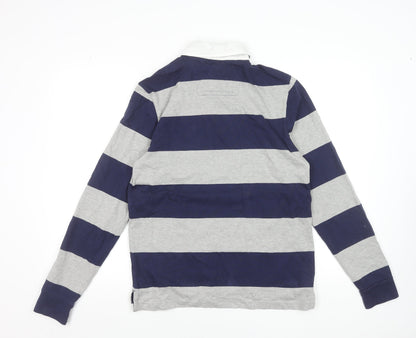Haworth Men's Grey & Navy Striped Long Sleeve Rugby Polo Shirt M