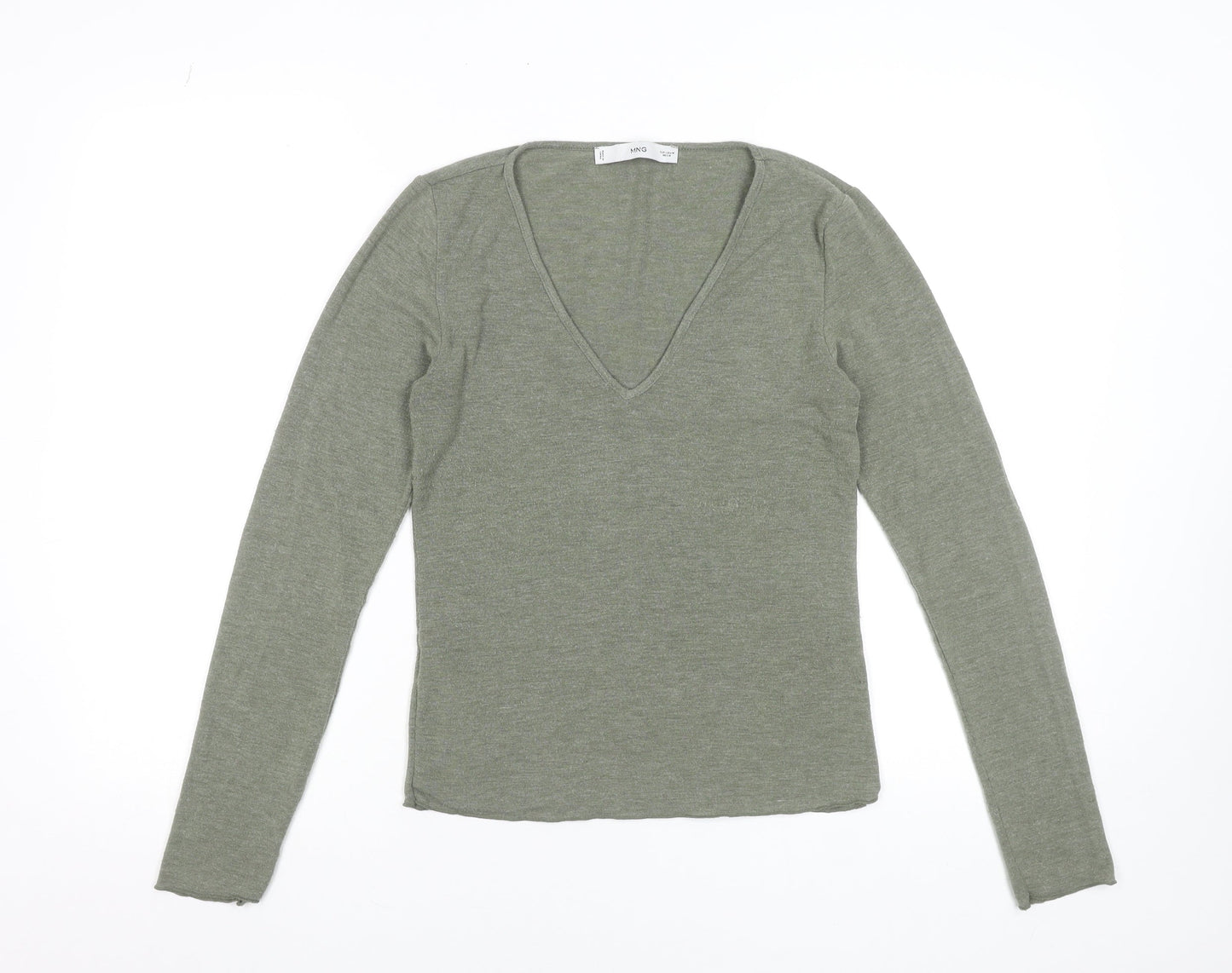 MNG Women's Green Long Sleeve V-Neck Slim Fit Jersey Top Size M