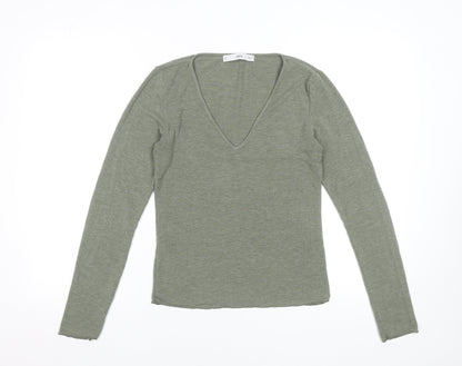 MNG Women's Green Long Sleeve V-Neck Slim Fit Jersey Top Size M